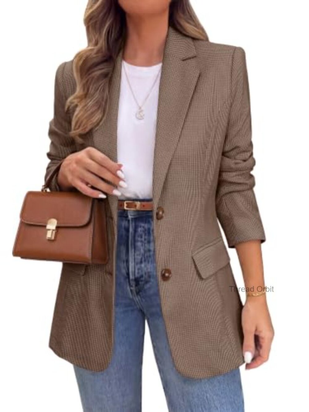 Houndstooth Tweed Blazer Business Casual Button Front Long Sleeve Womens